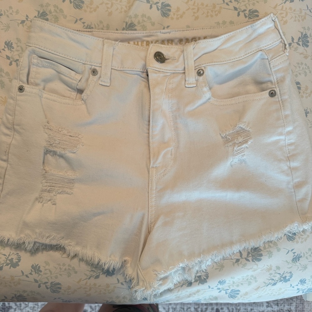 American Eagle Outfitters Cream Distressed Jean Shorts